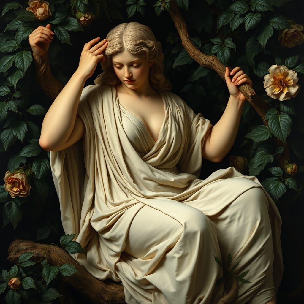 Classical Greek Goddess with Faun in Lush Setting