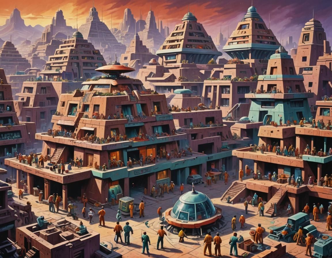 city in Mexico, Aztec themed, workers building, painting and...