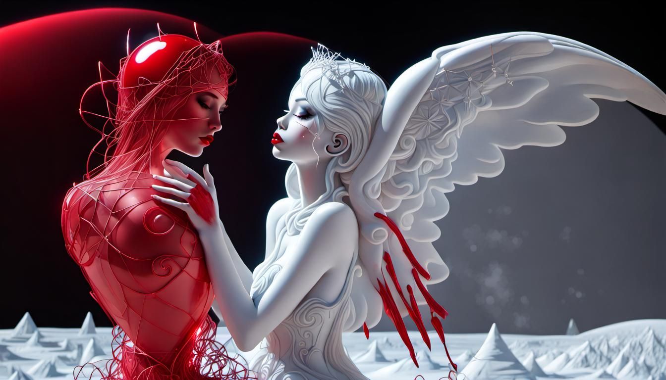 Surreal Lunar Ice Palace with Angel in Red Ink