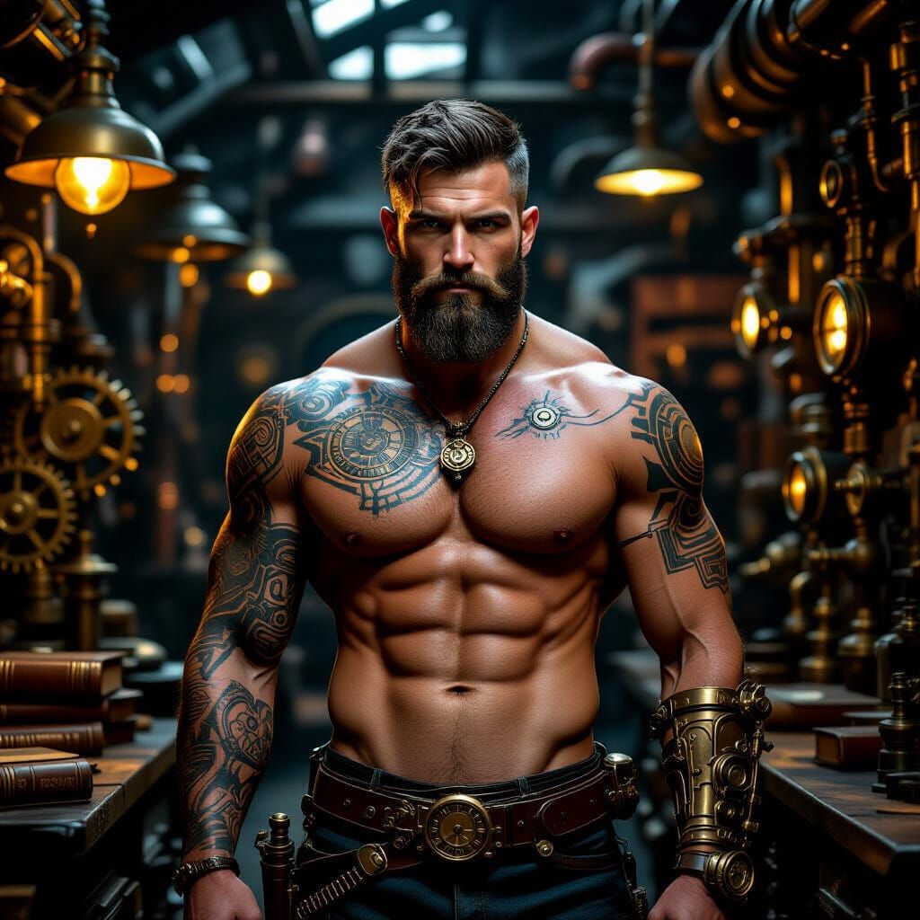 Muscular Steampunk Man in Victorian Workshop