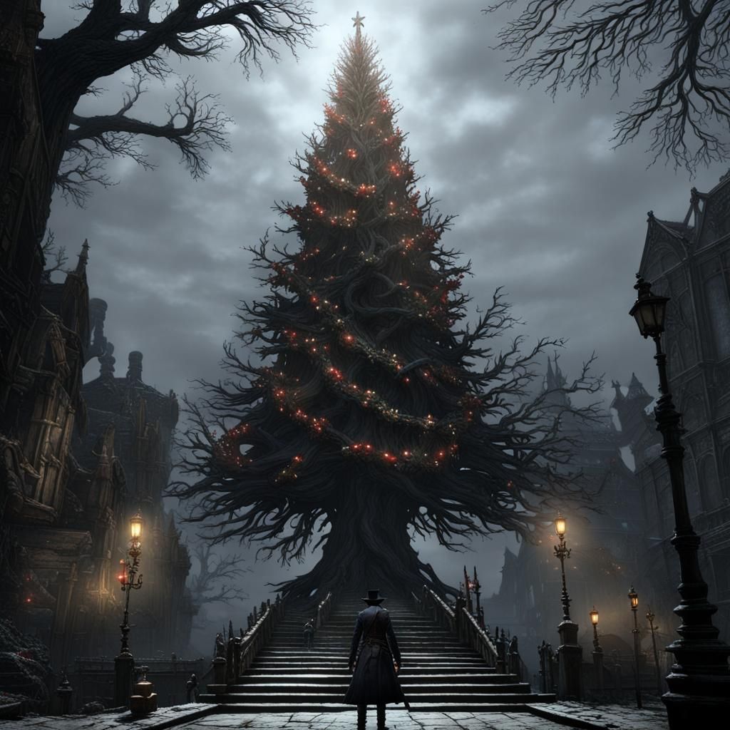 Nightmarish Christmas Tree in Gothic Cityscape