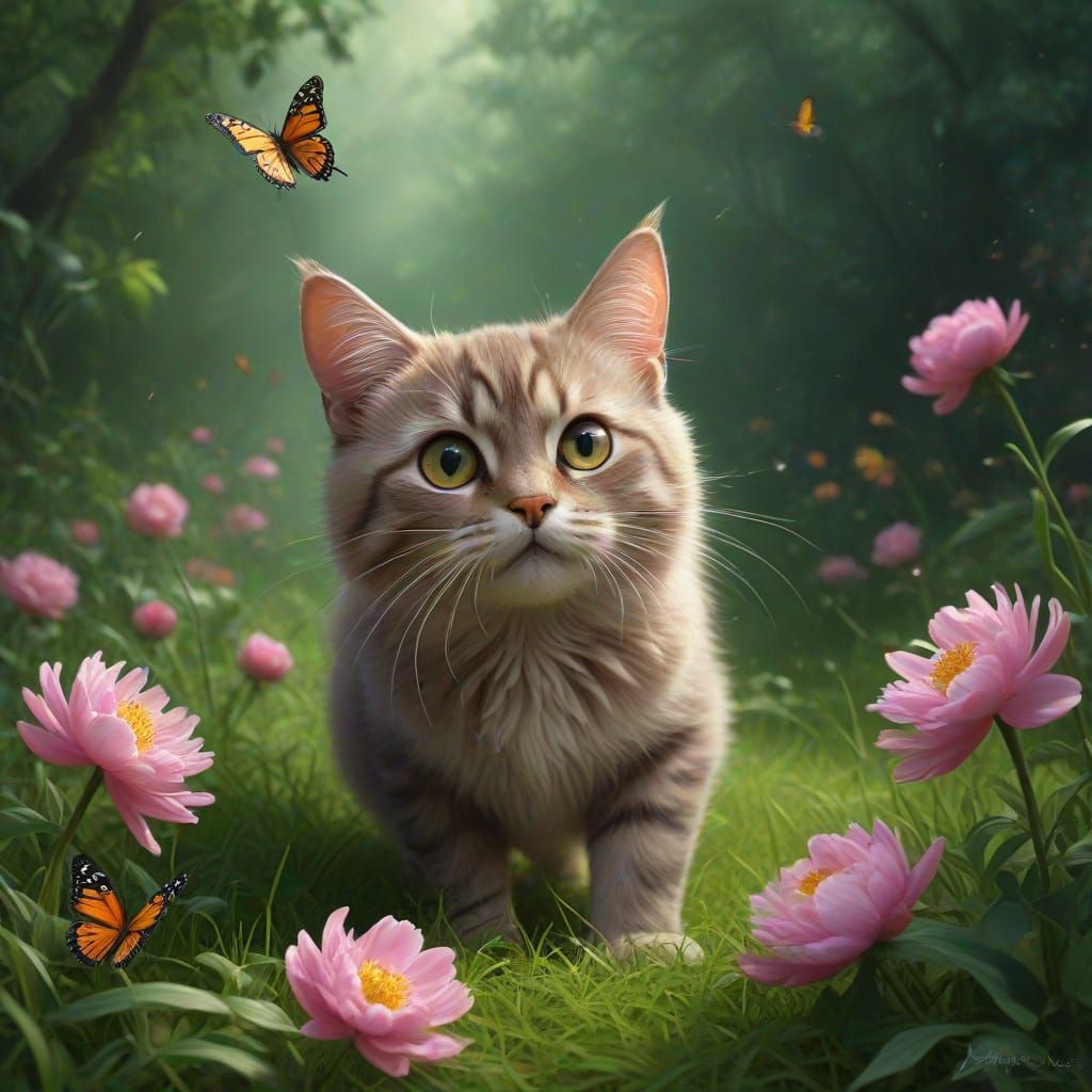 Playful Cat Reaching for Butterfly in Enchanted Garden