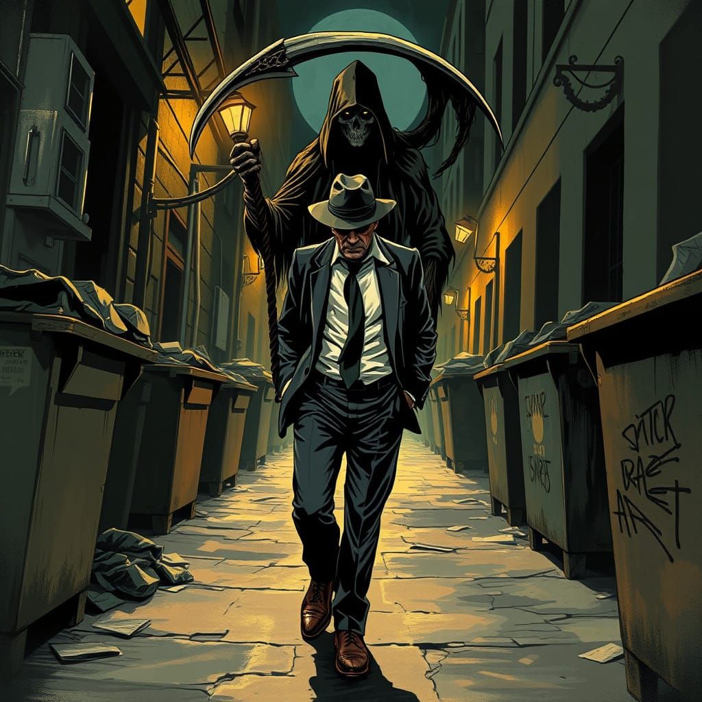 Man in Suit Walks Down Dark Alleyway, Shadowy Figure Looms B...
