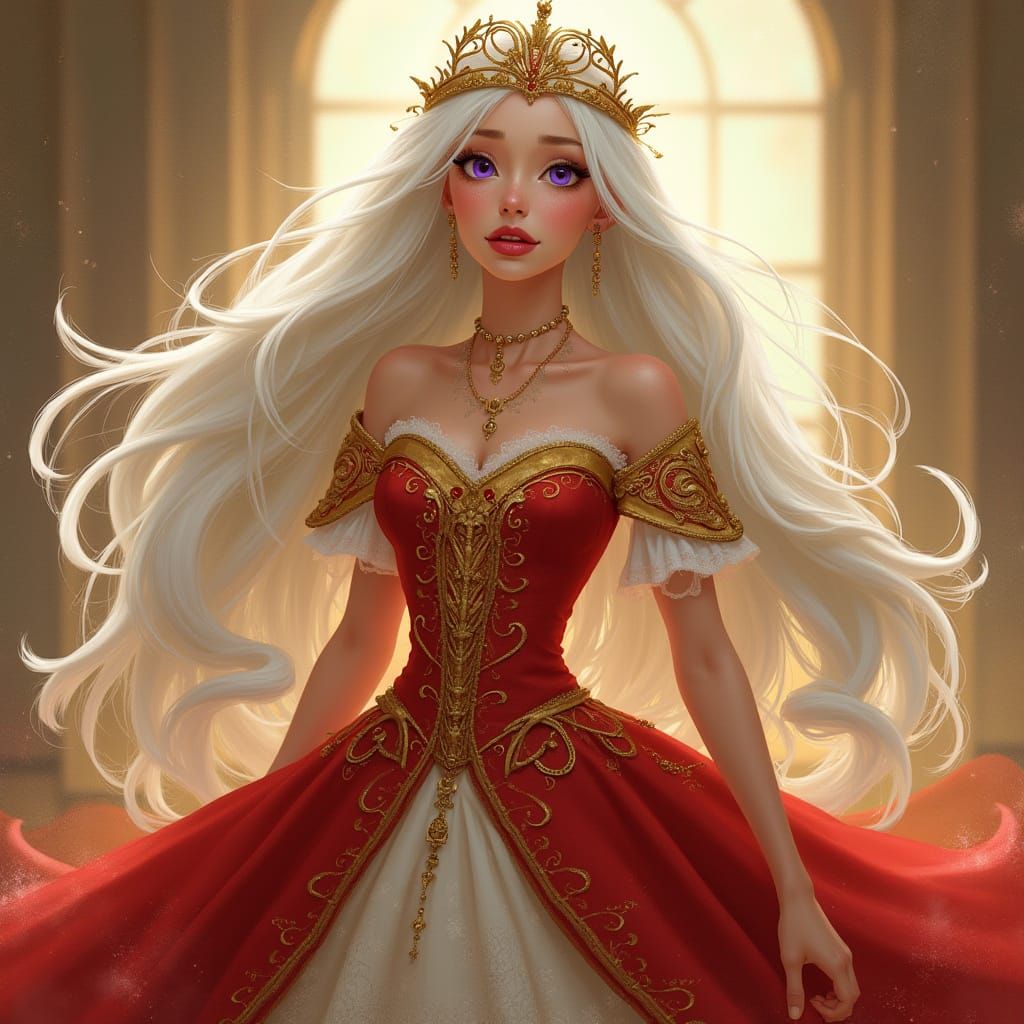 Regal Princess in Opulent Red and Gold Gown