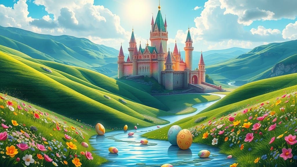 Surreal Easter Castle Made of Glowing Jello in Vibrant Lands...