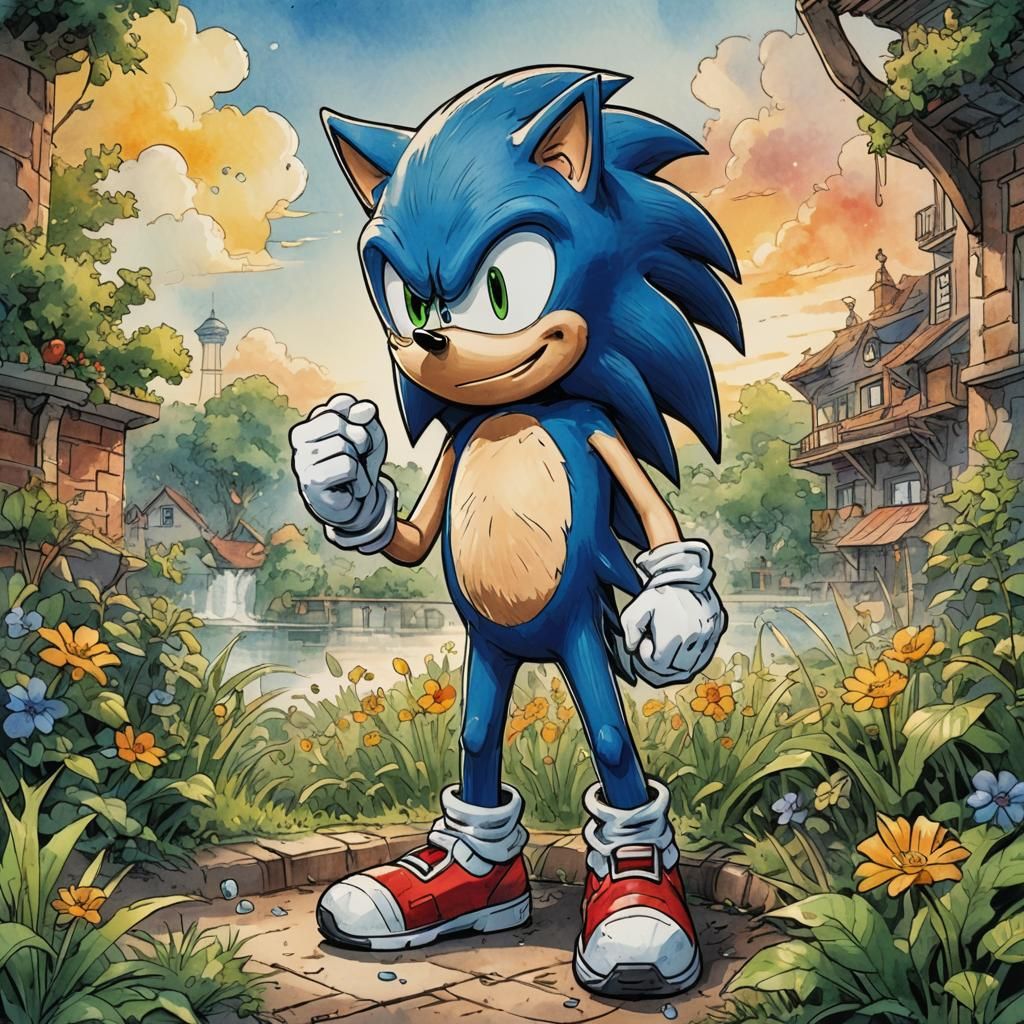 Pregnant Sonic in Watercolor Comic Illustration