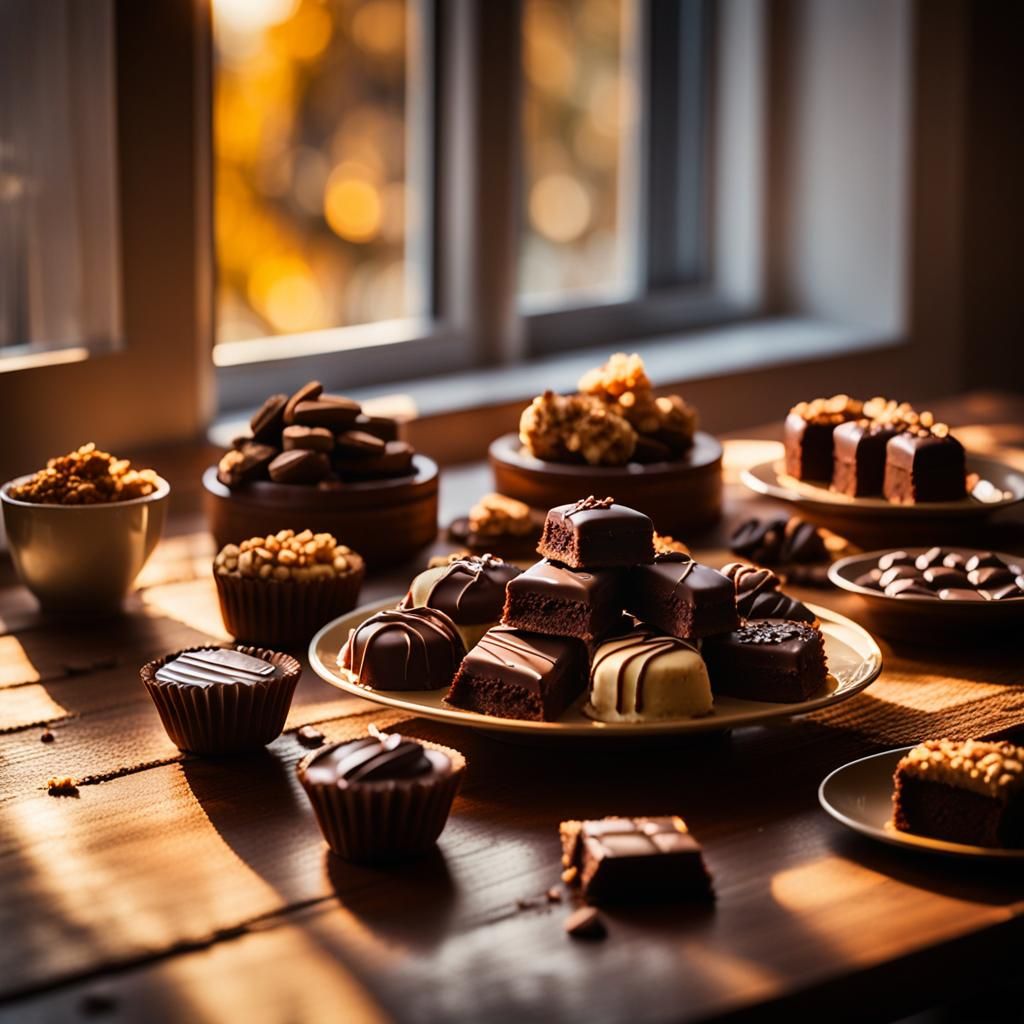 Luxurious Chocolate Dessert Table in Golden Hour Light