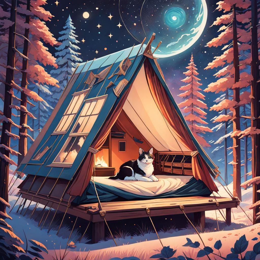 Cute Cat Camping Under Galaxy Sky