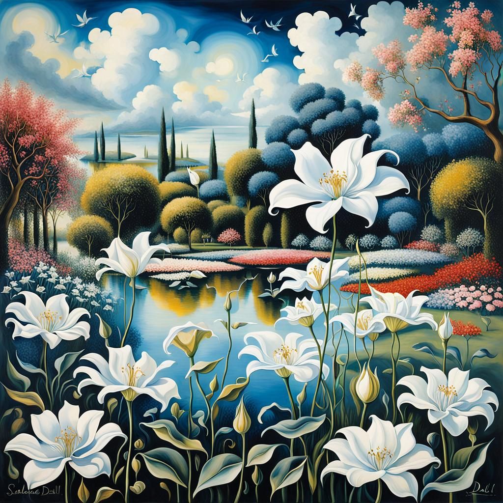 Surreal Lilies Bloom in Garden: Dali Style