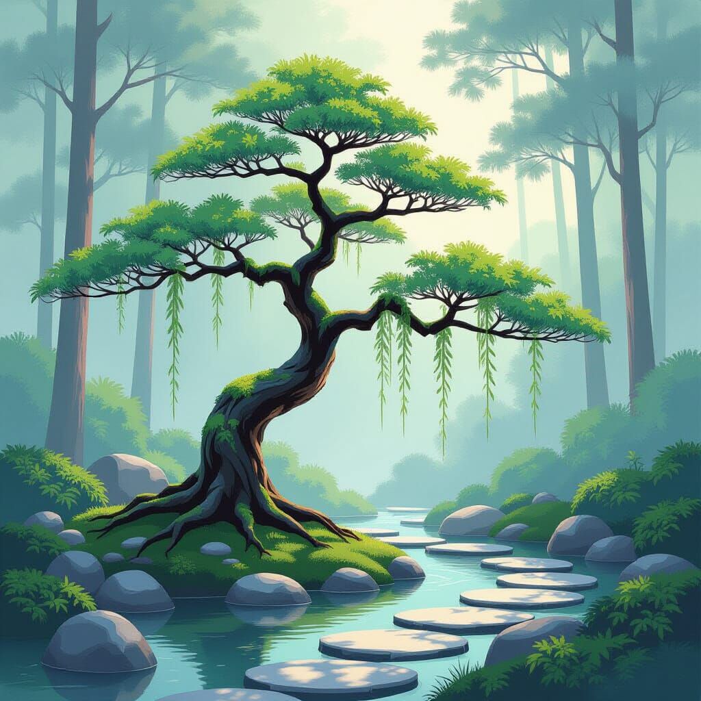 Bioluminescent Tree in Japanese Ink Wash Garden