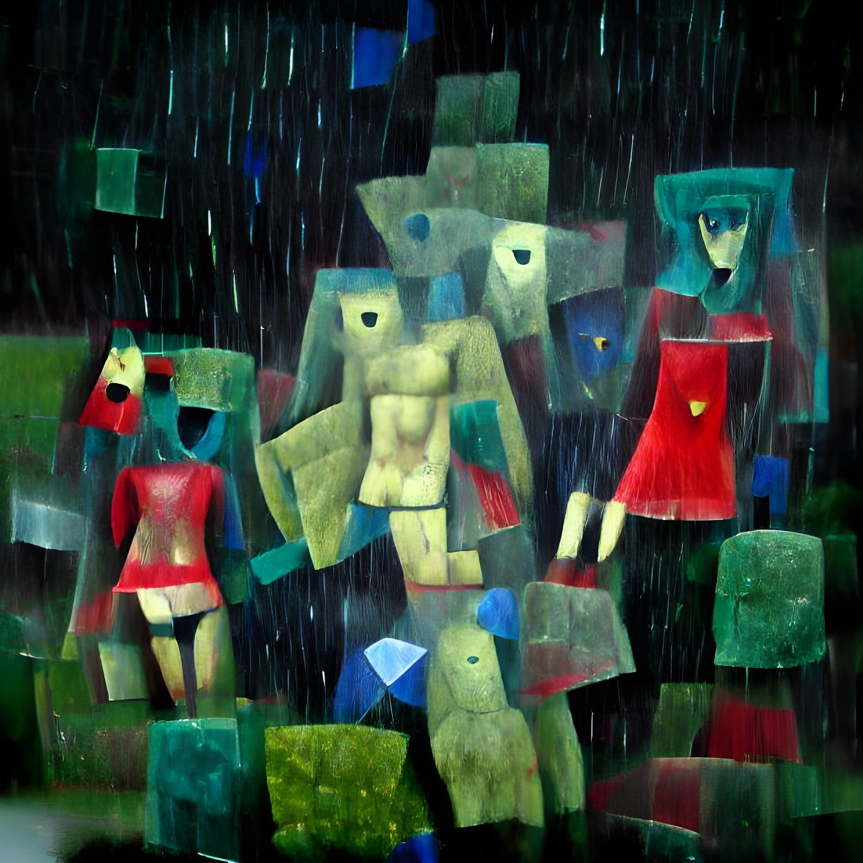 Obscured Figures Walk in Rainy Expressionist Landscape