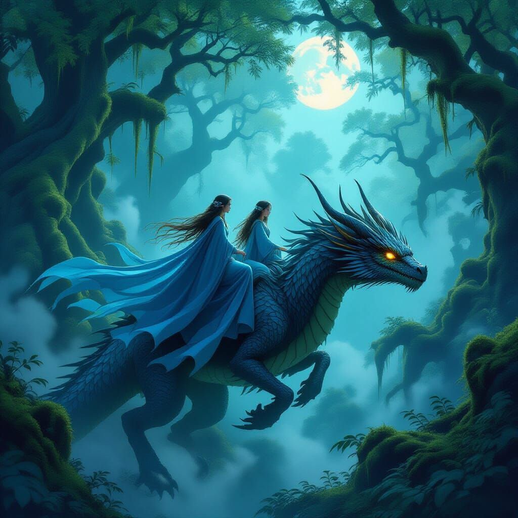 Ethereal Sisters Ride Forest Dragon in Twilight Woods
