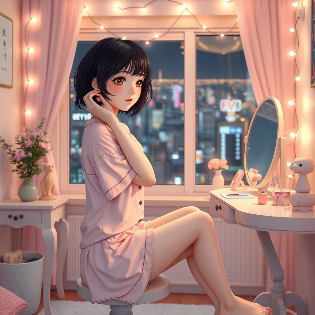 Ethereal Anime-Inspired Woman Prepares for Slumber in Tokyo