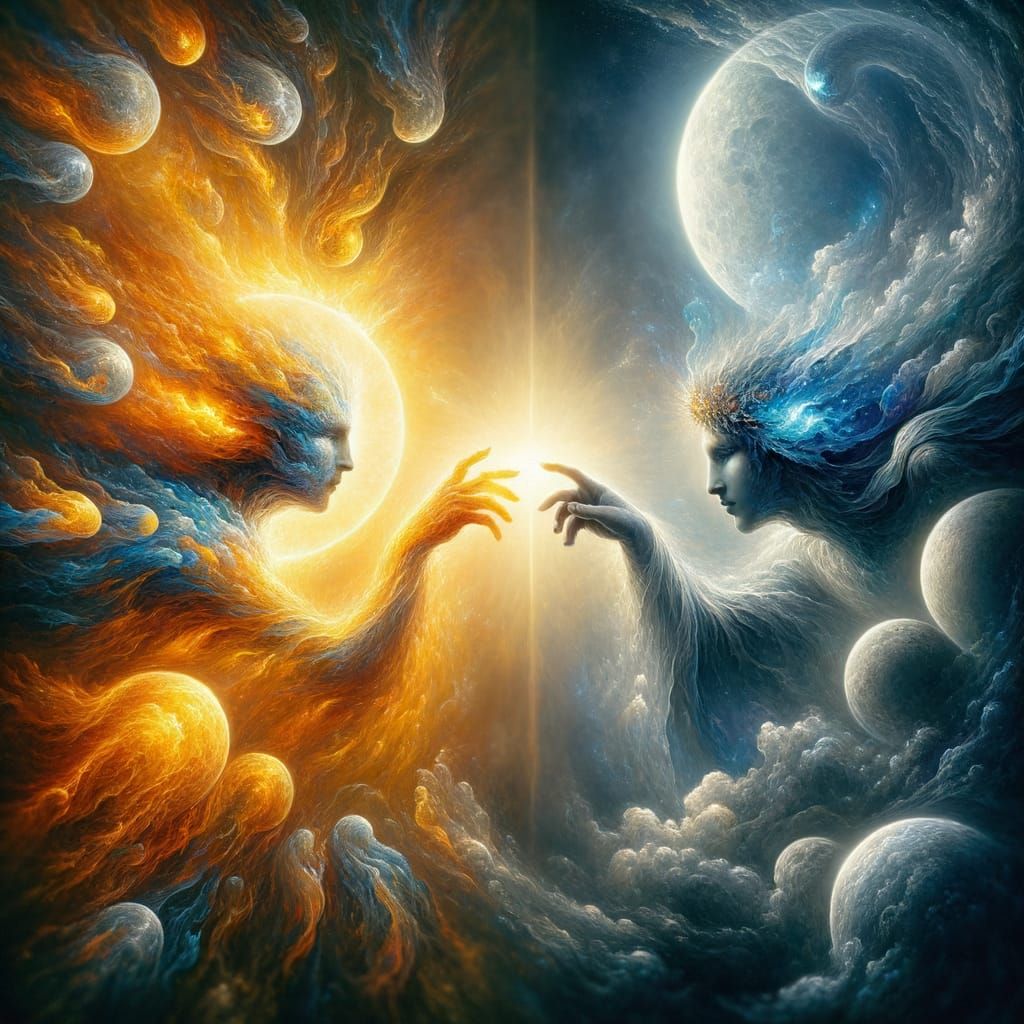 Sun and Moon Beings Reach Out in Renaissance Style