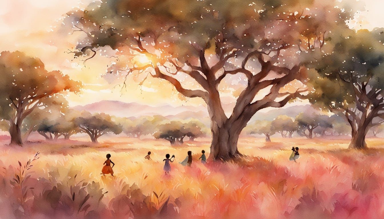 Children Playing in Golden Savannah, Watercolor Style