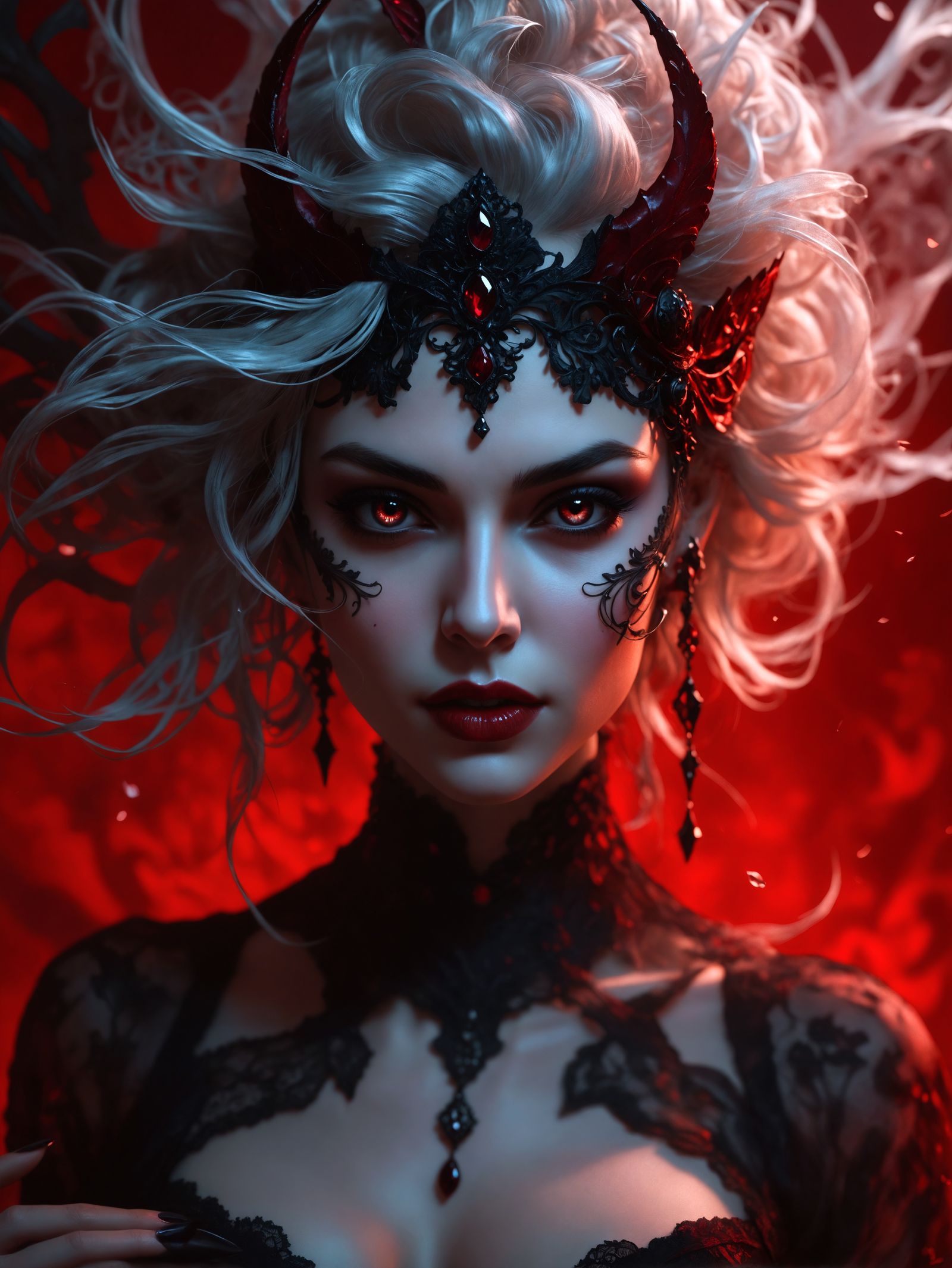 Hyperrealistic Vampire Woman Portrait with Lace and Silk