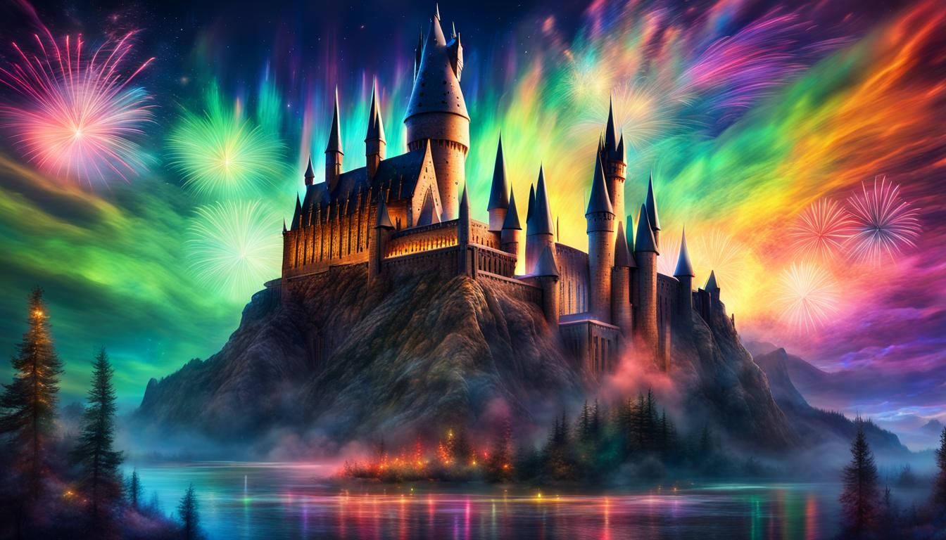 Hogwarts Castle Under Aurora with Fireworks