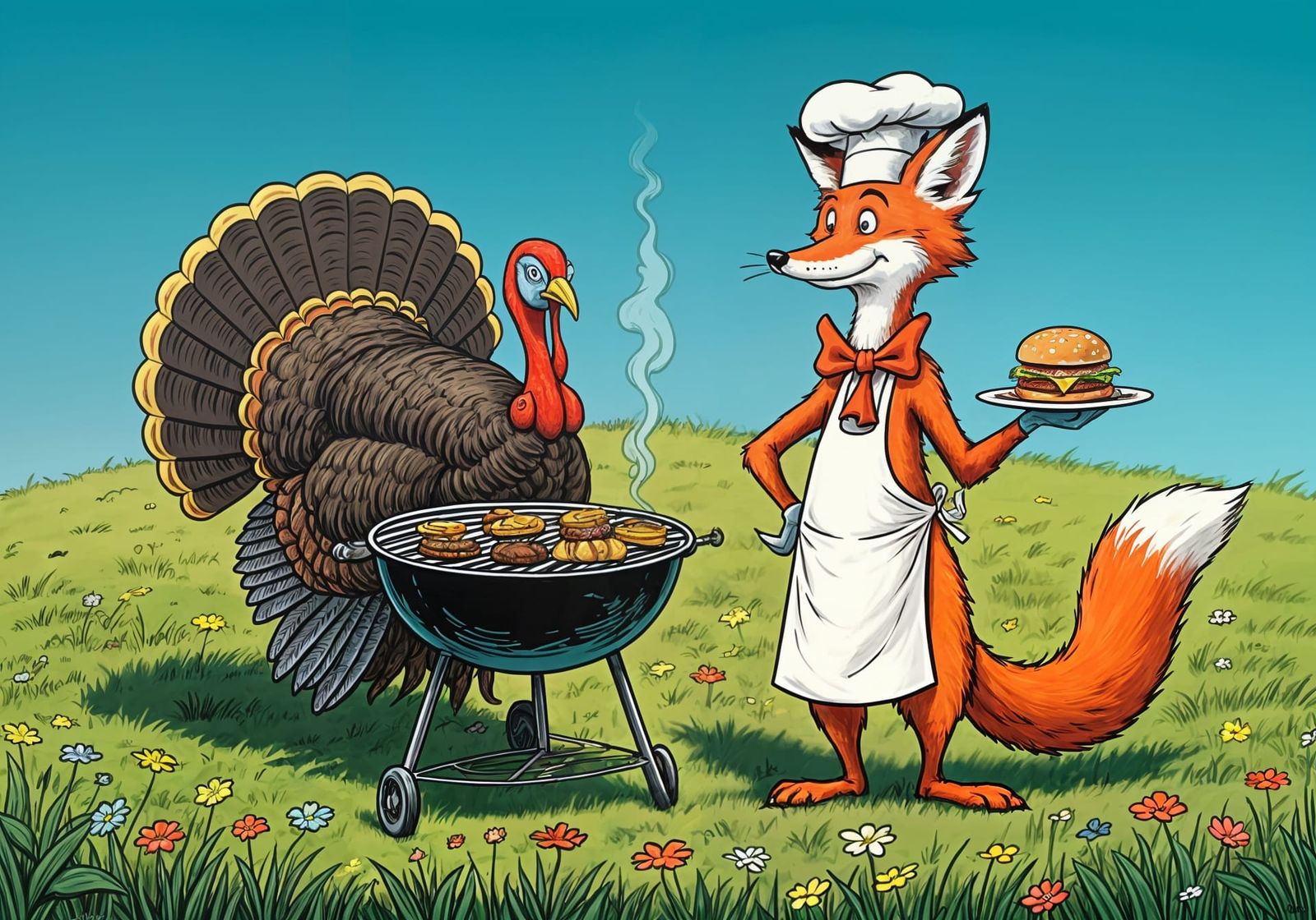 Whimsical Fox Chef Stands Beside Giant Turkey Grill