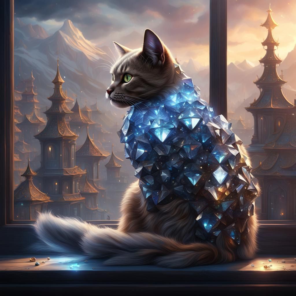 Diamond Cat in Window: Detailed Digital Art