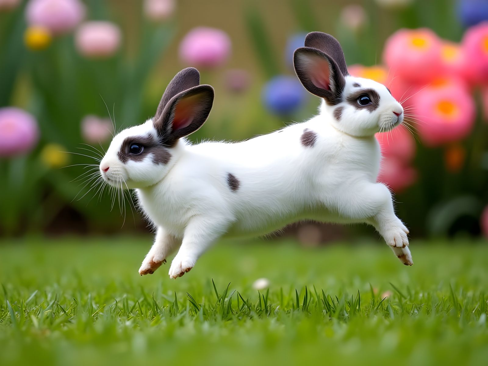 Adorable Mini Lop Rabbit Leaping Joyfully in Spring Garden