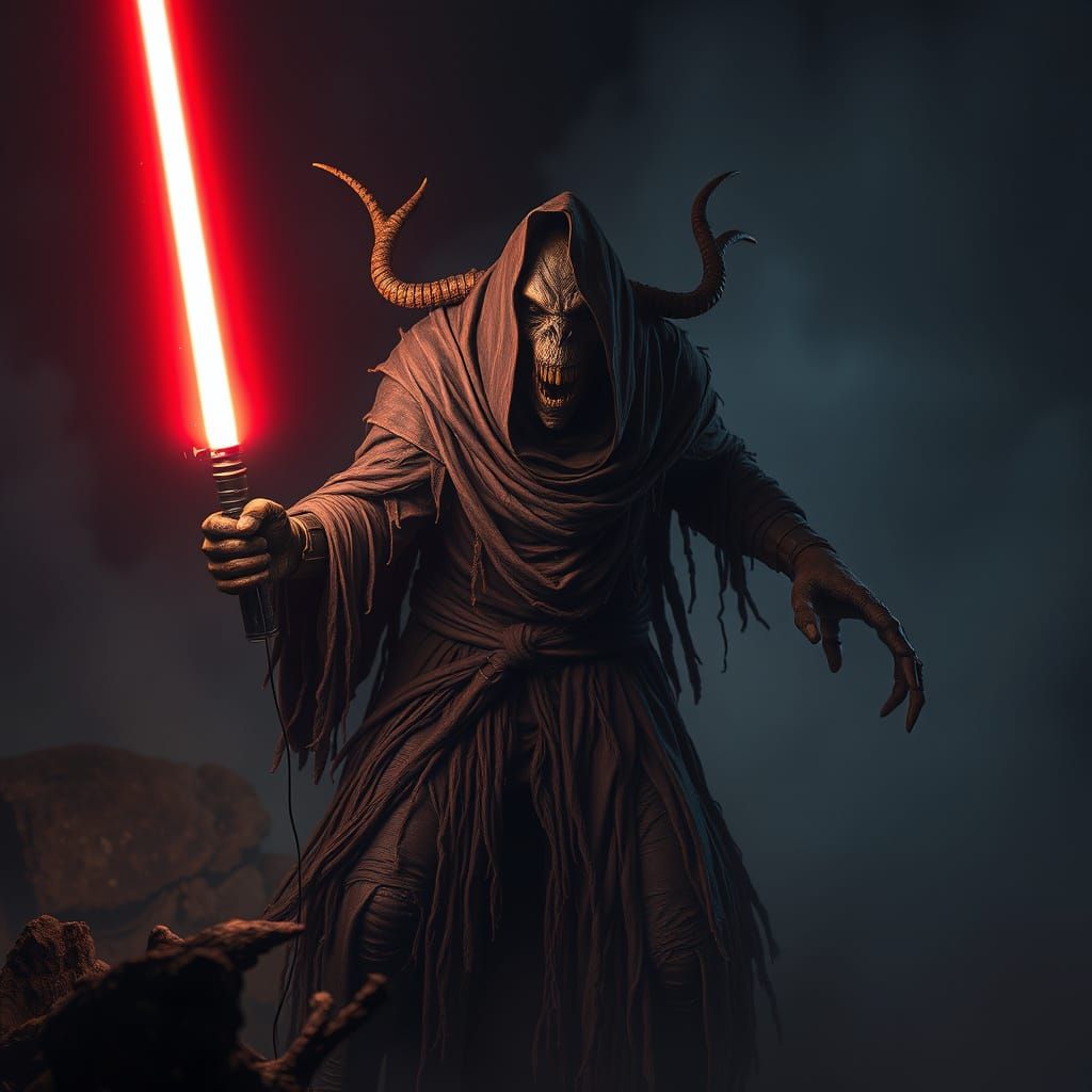 Cyberpunk Horror Beast Wields Shimmering Light Sabre in Dark...