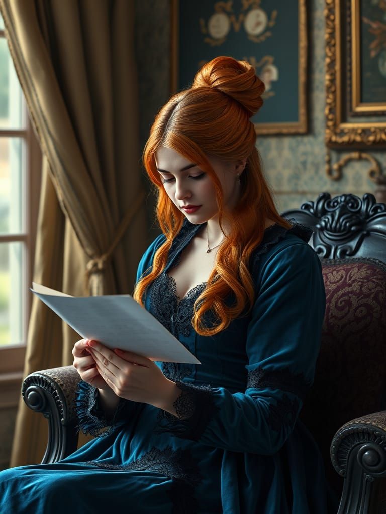 Regal Lady Reads a Lamentable Letter in a Fantastical Sittin...