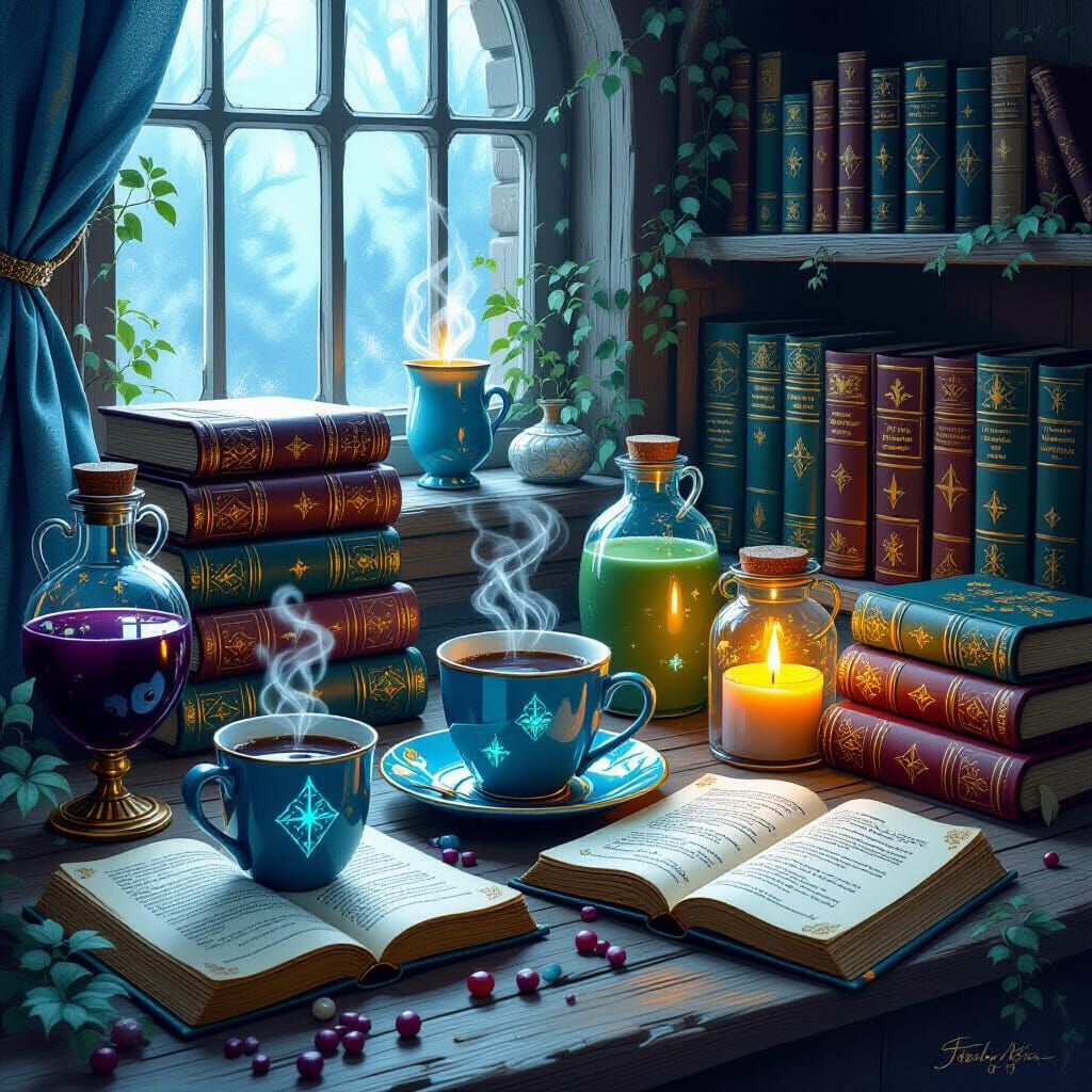 Folk Art Spell Books and Coffee with Ethereal Glow