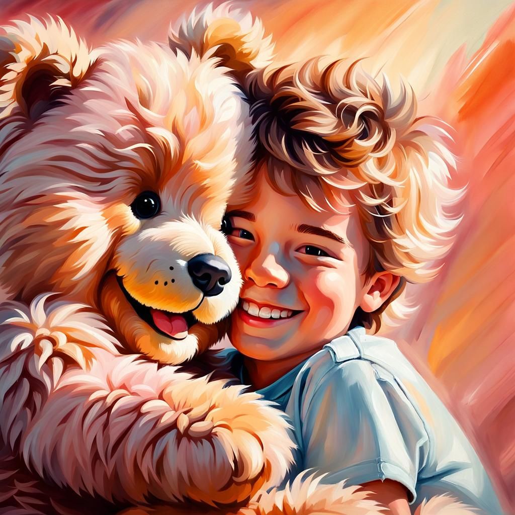 Laughing Boy Cuddles Teddy: Vibrant Oil Painting