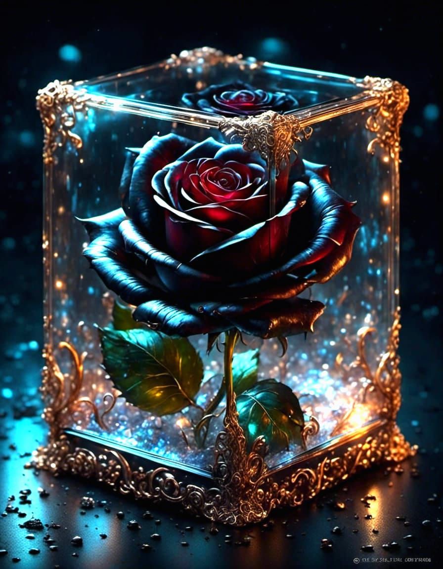 Ethereal Glass Box Containing a Black Rose in Vibrant Detail