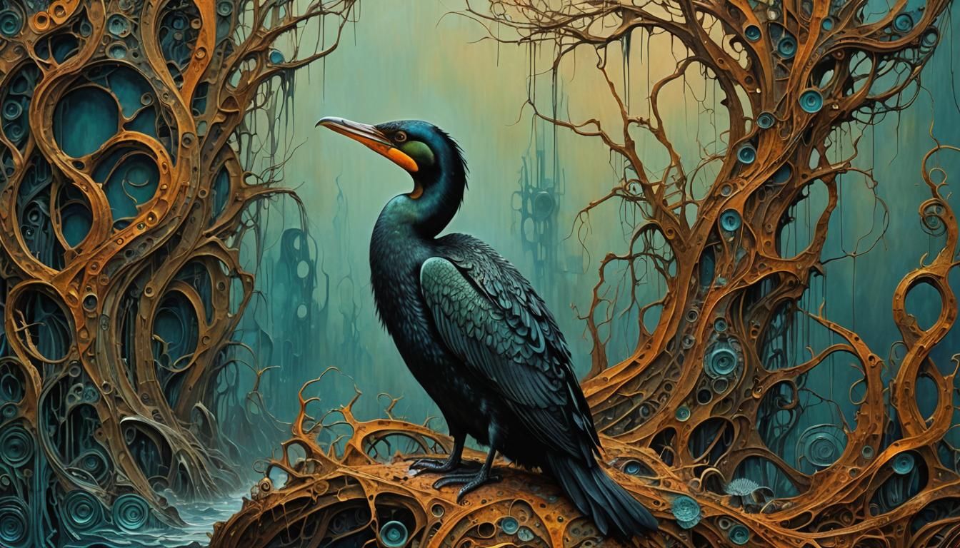 Dystopian Cormorant in Surreal Metal Art Style