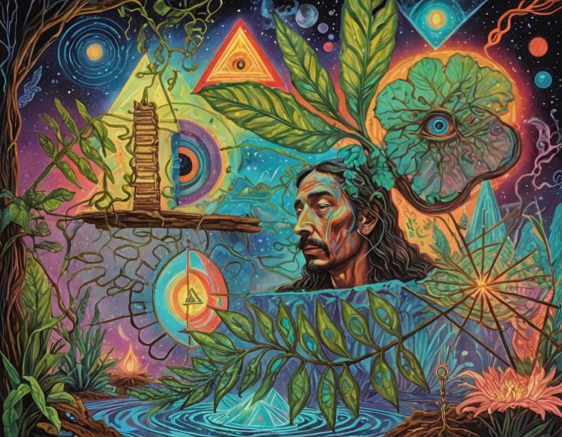 Visionary Cosmic Scene with Meditating Man, Holographic Art