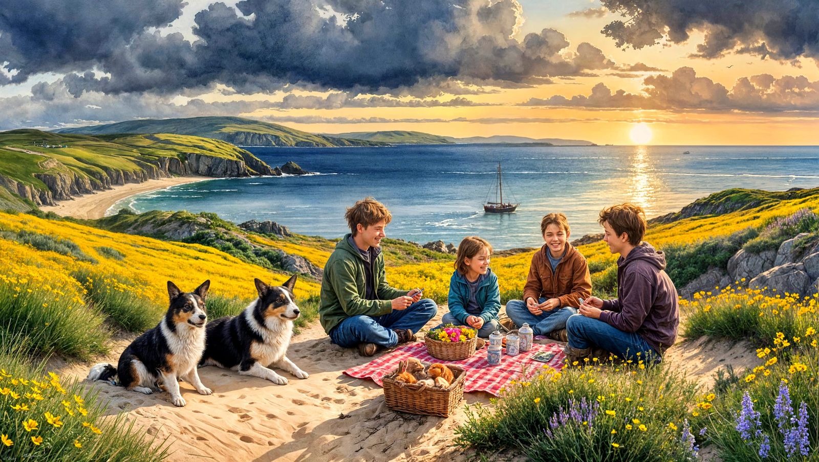 Island Picnic Watercolor Painting in Impressionist Style