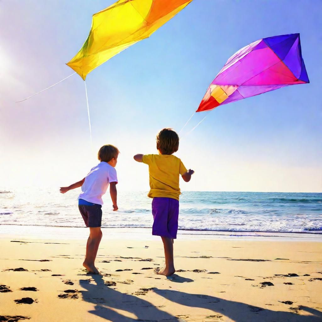 Children Fly Kites on Beach in Acrylic Art Style