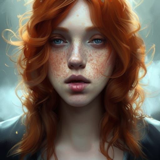 Freckled Ginger Woman Smoking: Hyperdetailed Portrait