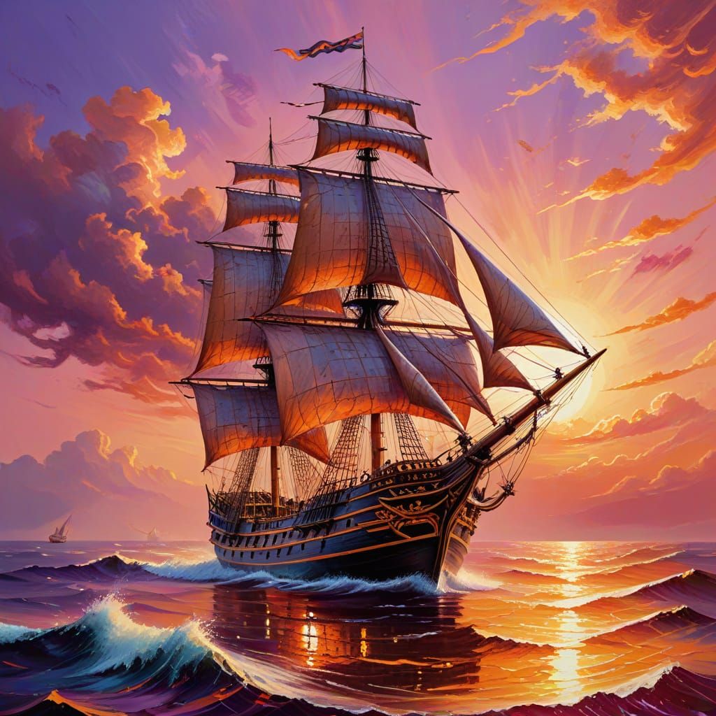 Majestic Sailing Ship on a Fiery Sea