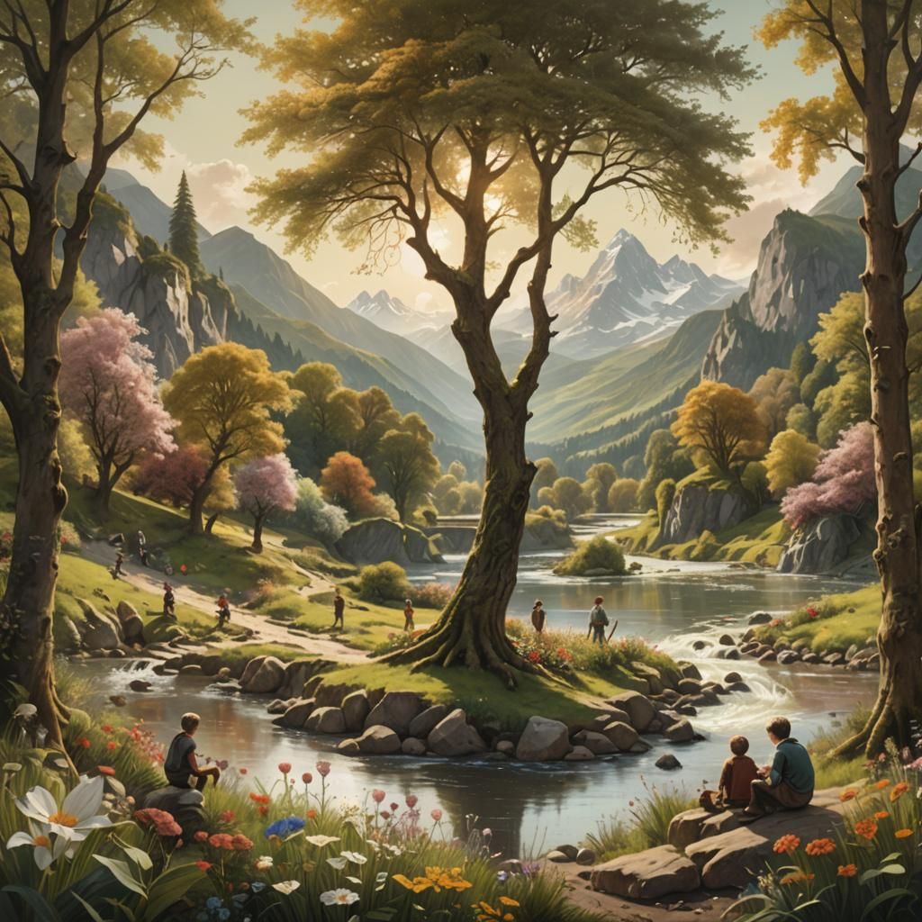 Tranquil Journey: Panoramic Matte Painting of Life's Cycle