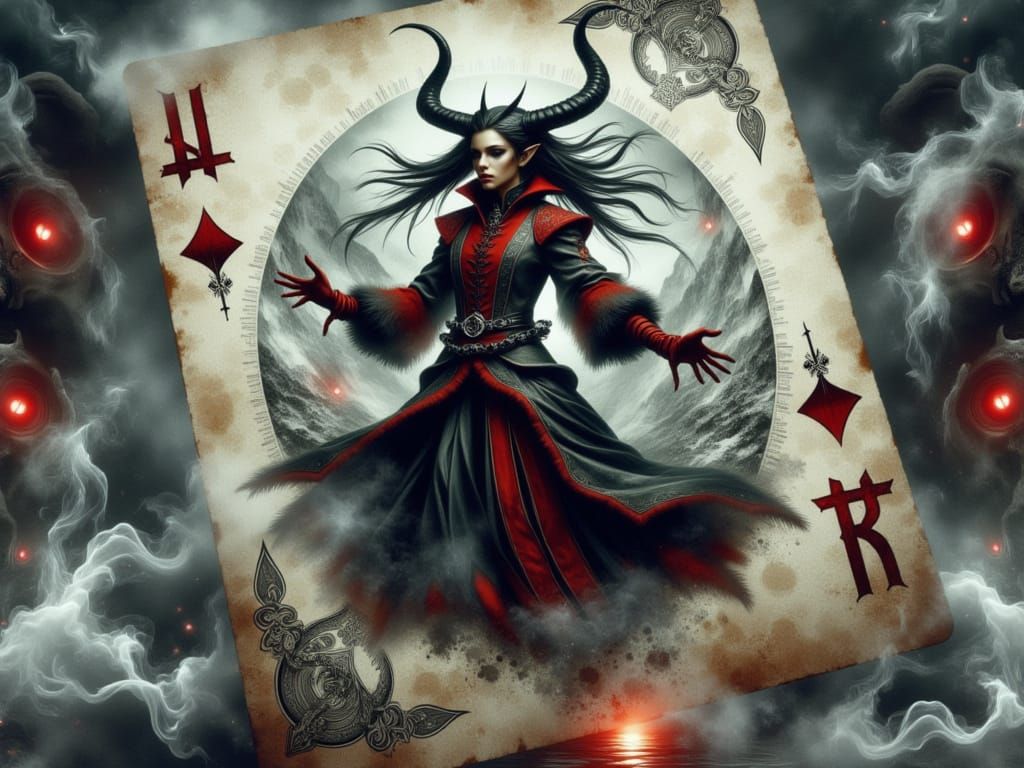 Mystical Tiefling Emerge from a Weathered Playing Card