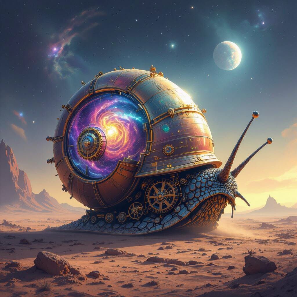 Cosmic Mechanical Snail in Alien Landscape