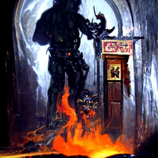 Ominous Doorway Painting with Angels and Demons