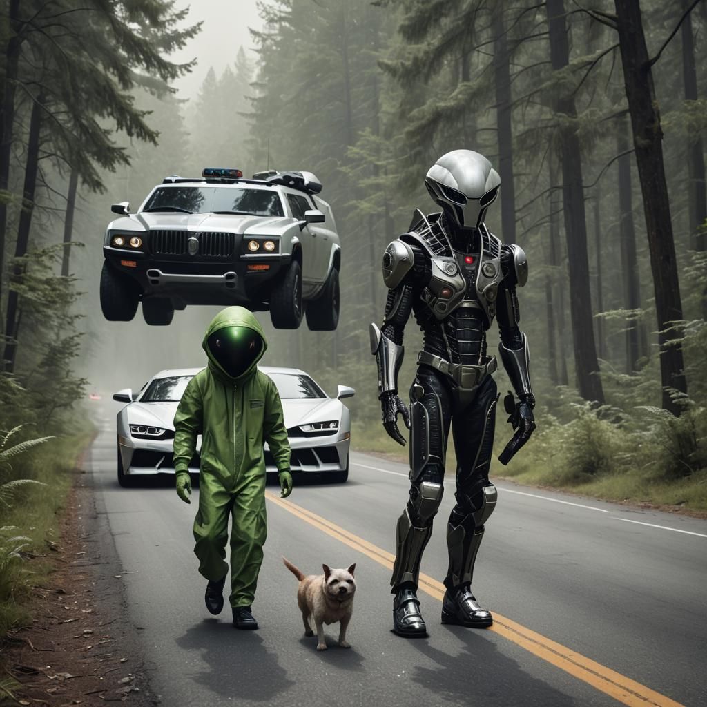 Alien and Pet Crossing Forest Road, Digital Art