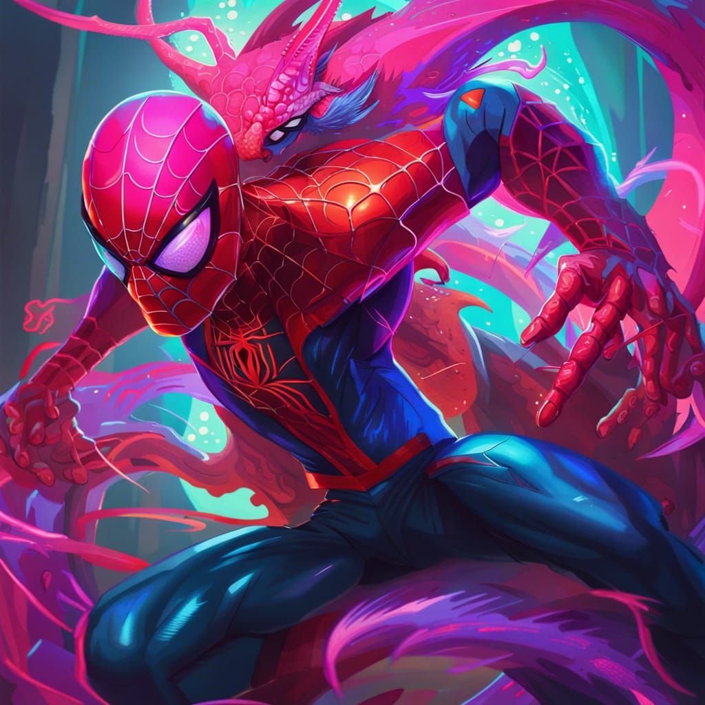 Neon Spider-Man Dragon Fight: Hyperdetailed Concept Art