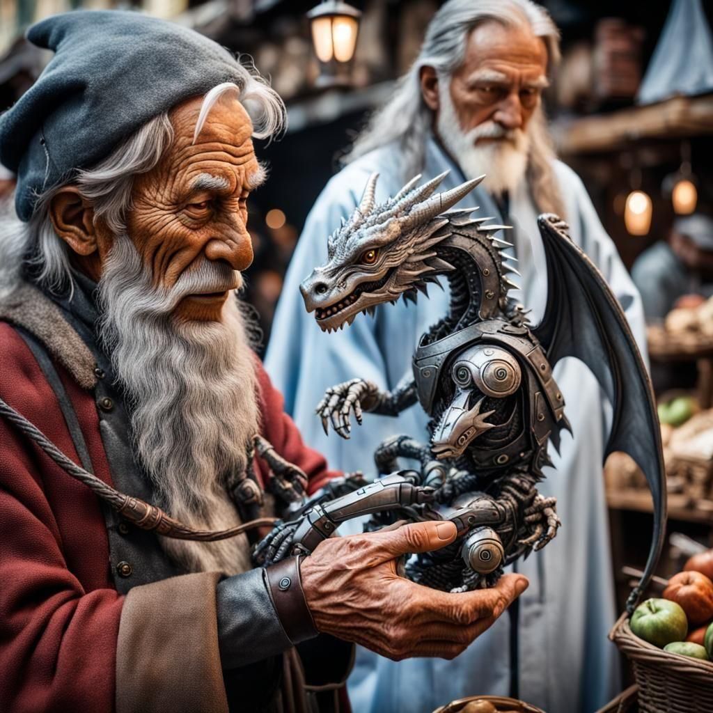 Cyborg Dragon in Wizard's Arms, Fantasy Art