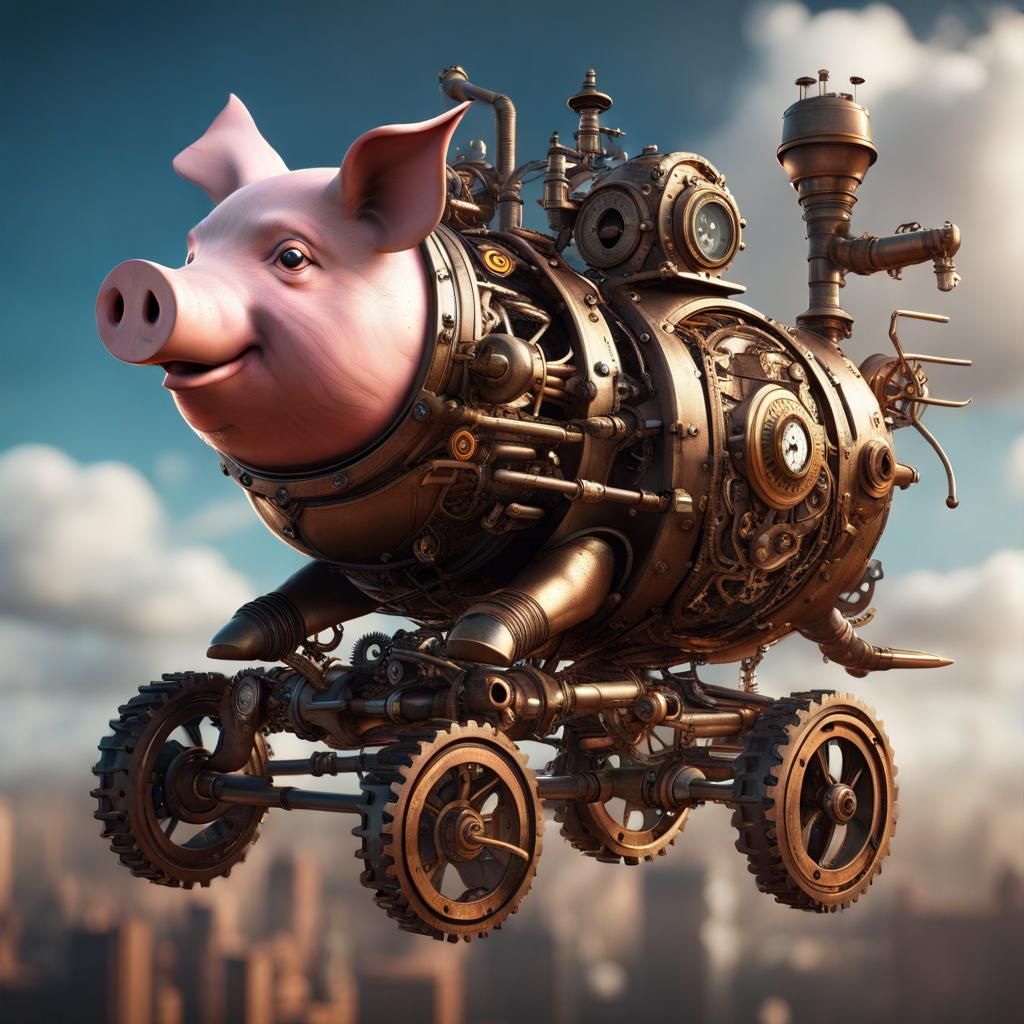 Flying Steampunk Mechanical Pig in Detailed Matte Painting