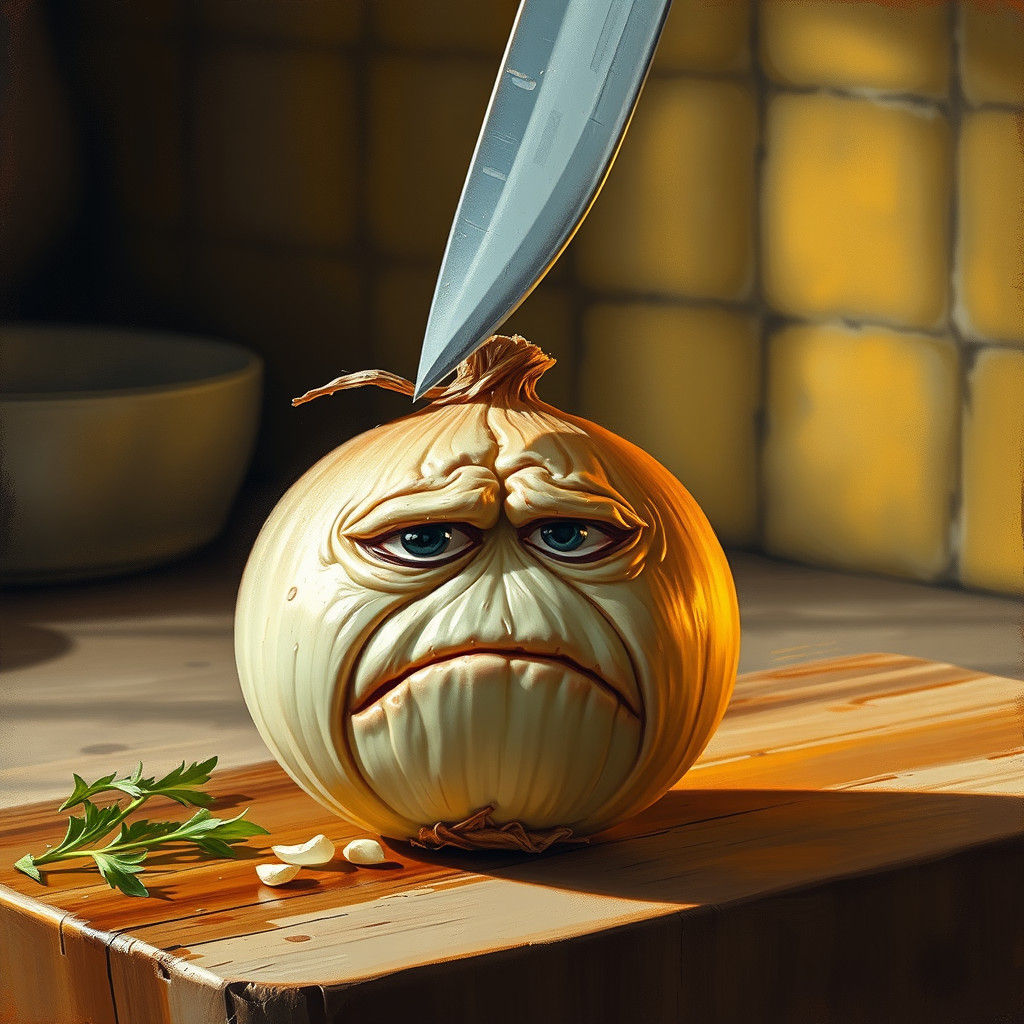 Distressed Onion's Impending Doom as Oil Painting