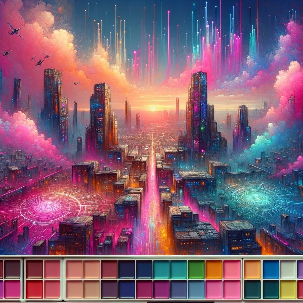 Retro-Futuristic Cityscape in Pastel Cyberpunk Style