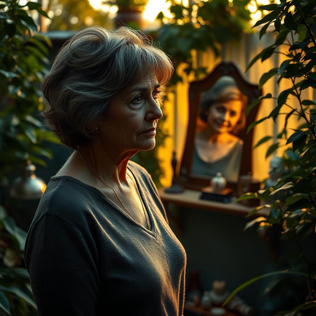 Nostalgic Goodbye: Woman in Golden Hour Garden