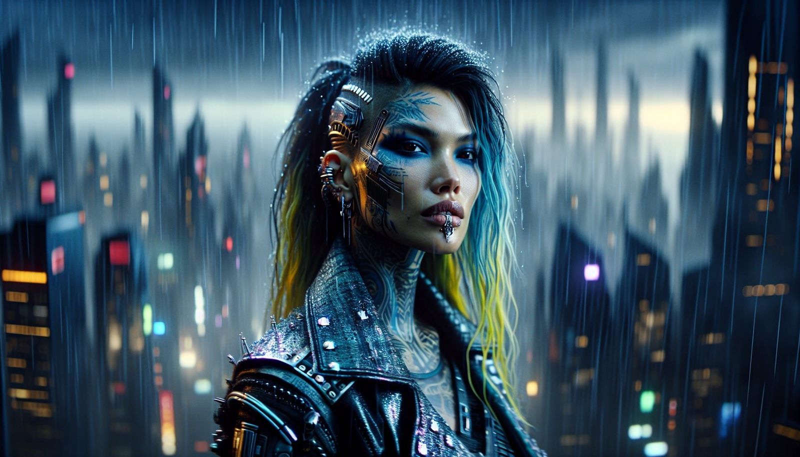 Punk Cyborg Woman in Cyberpunk Cityscape