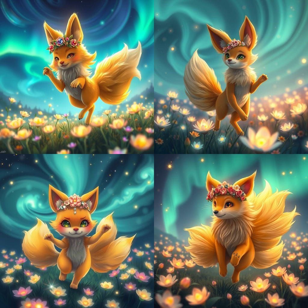 Golden Kitsune Dances in Bio-luminescent Field