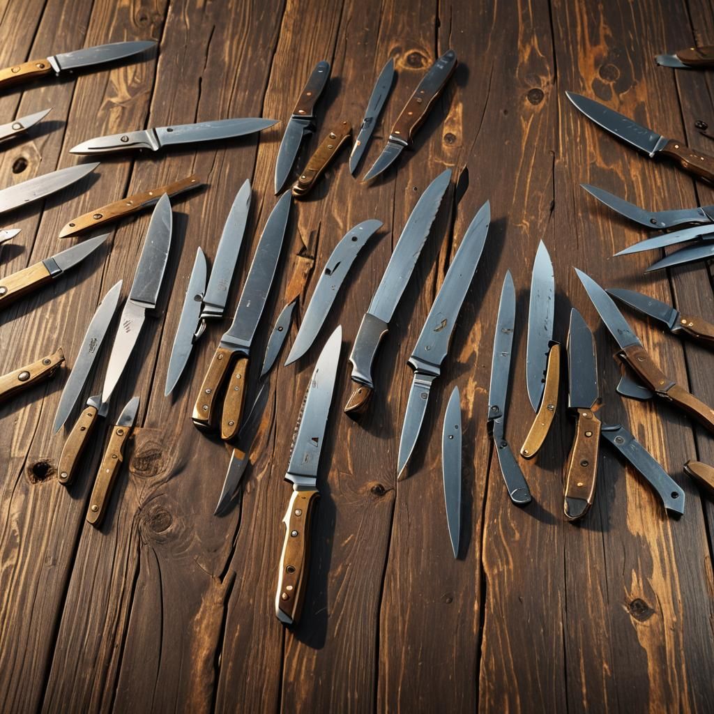 Knives on Wooden Table in Hyper-Realistic Digital Art