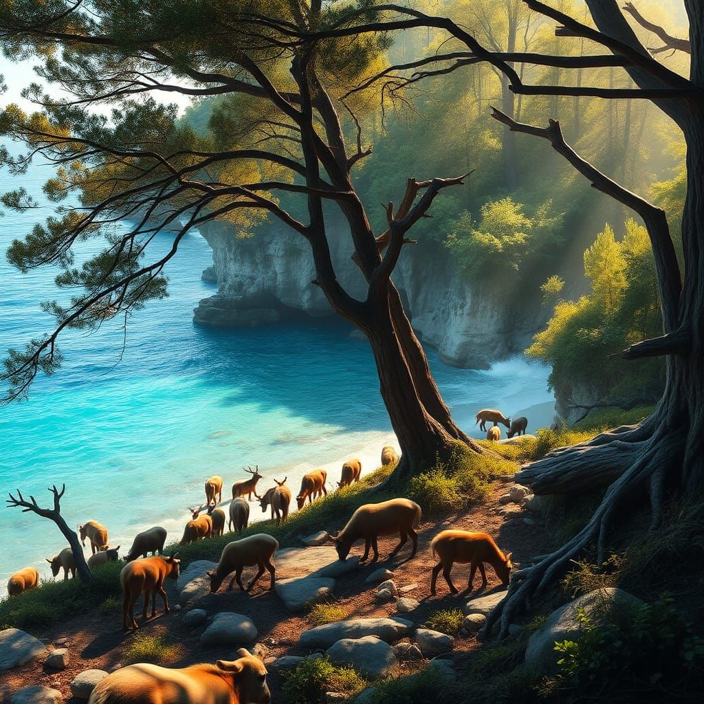 Hyperrealistic Coastal Woodland Scene with Turquoise Ocean